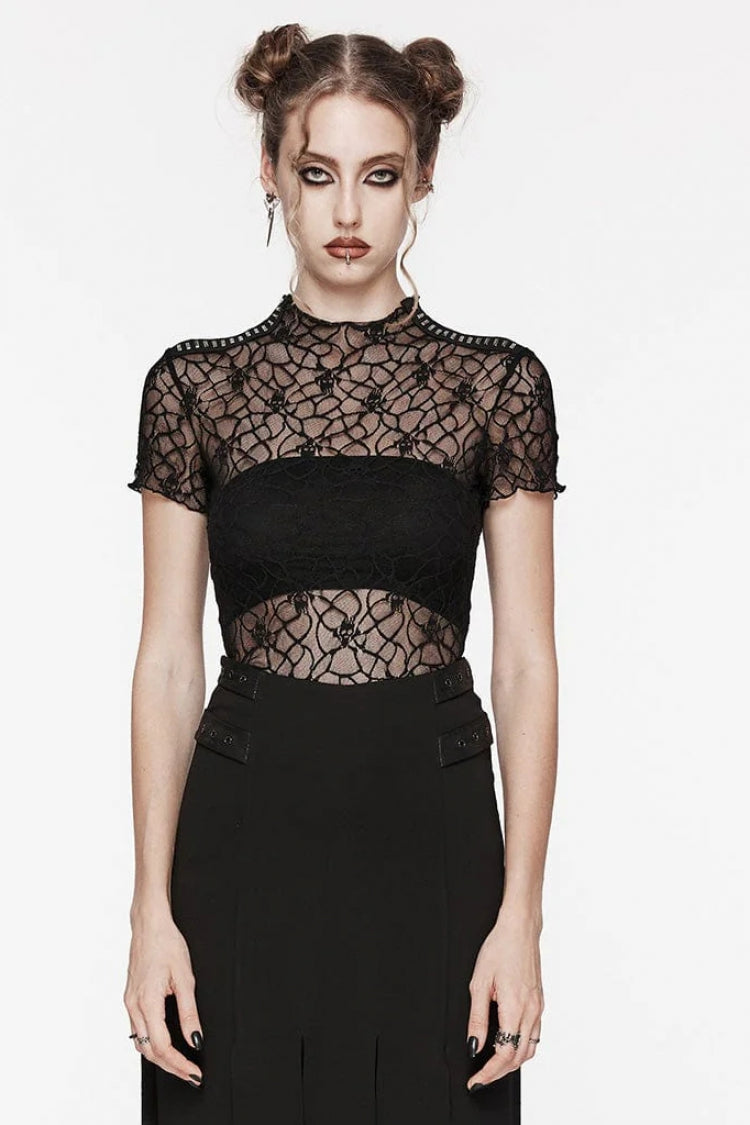 Black Round Collar Short Sleeves Hollow Mesh Women's Gothic Top - Black - 1