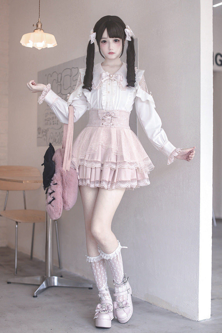 White/Pink [Dreamy Love Ballad] Lapel Collar Long Sleeves Double-Layered Ruffled Cut-Out Bow Gothic Japanese Jirai Kei Skirt Set - Product - 5