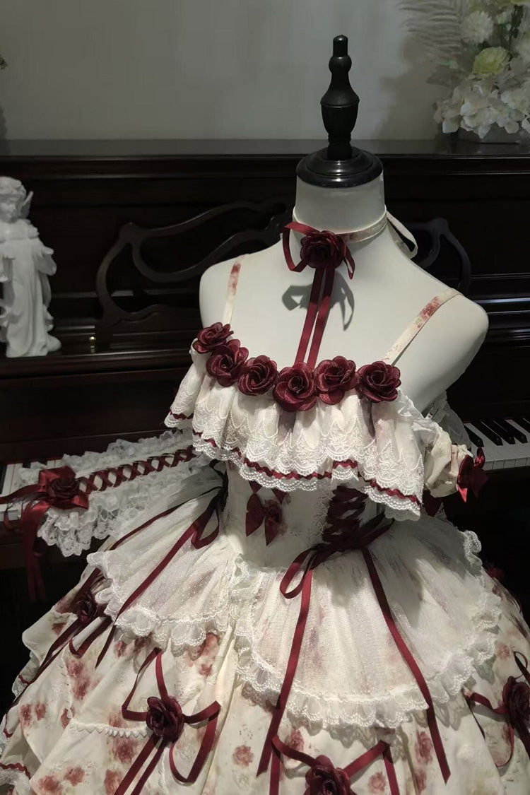 White/Red [Crimson Love Letter] Sleeveless Multi-Layered Printed Bow Lace-Up Gothic Lolita Jsk Dress Set - Product - 2