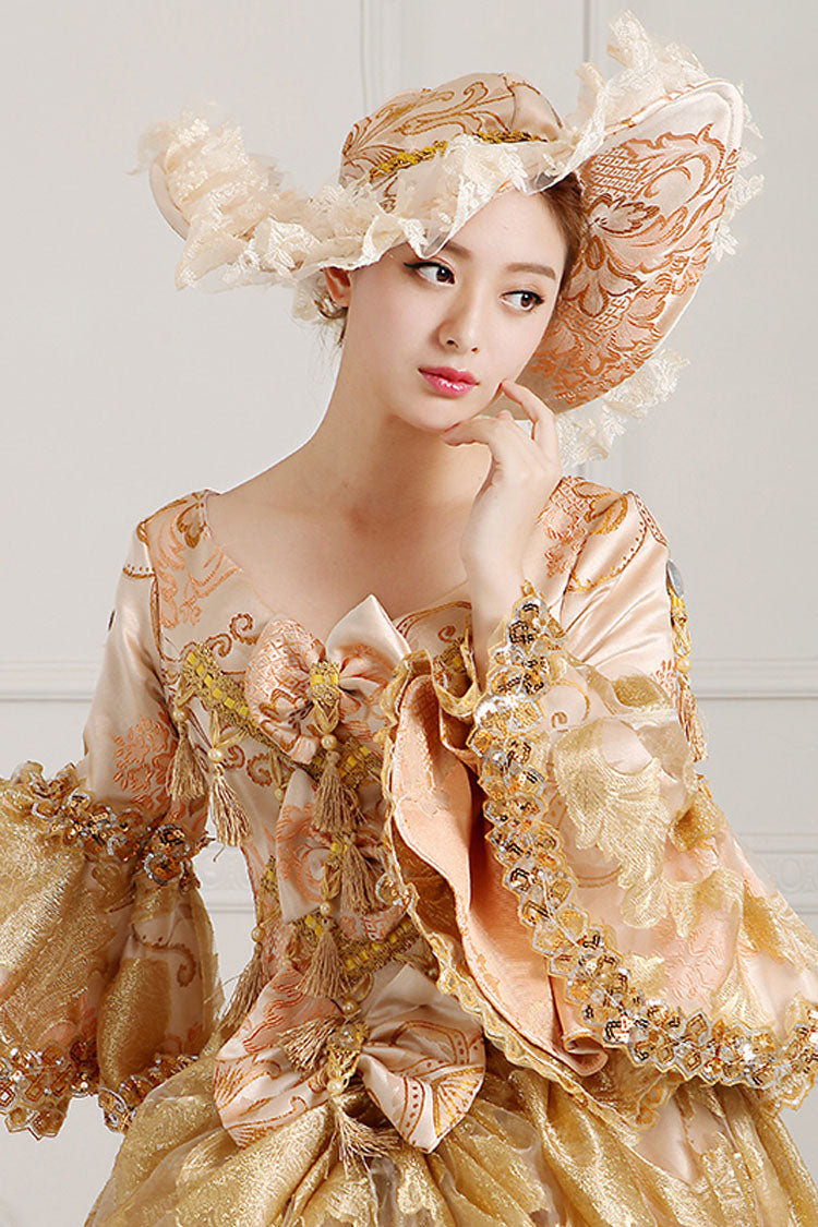 Beige/Golden Trumpet Sleeves High Waisted Embroidery Print Bowknot Multi-Layer Victorian Lolita Prom Dress - Product - 5