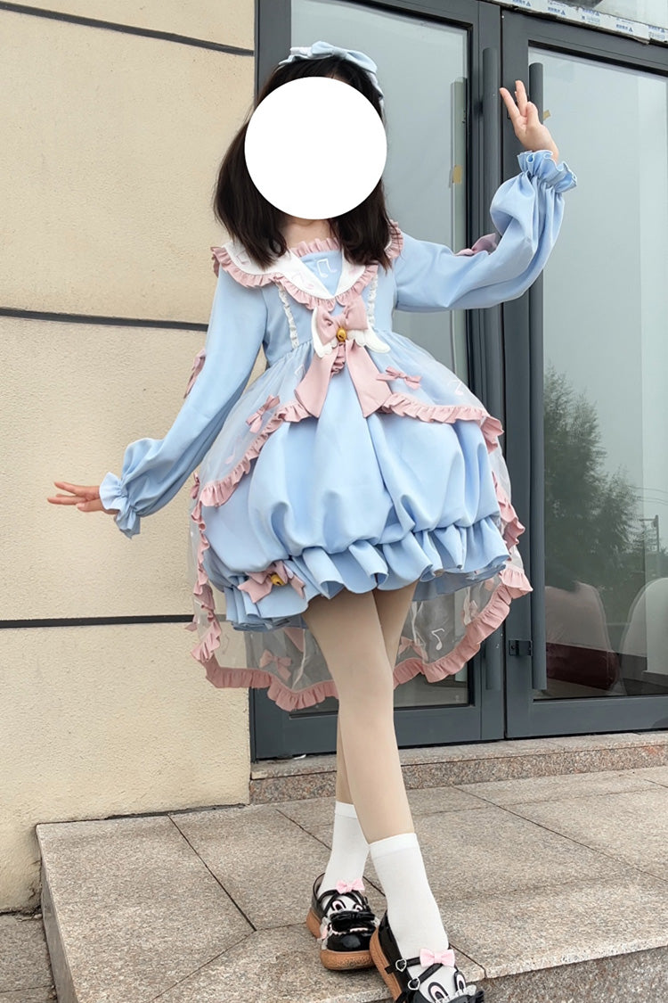 Blue Long Sleeves Music Notes Print Ruffle Bowknot Lace Sweet Lolita Dress - Product - 3