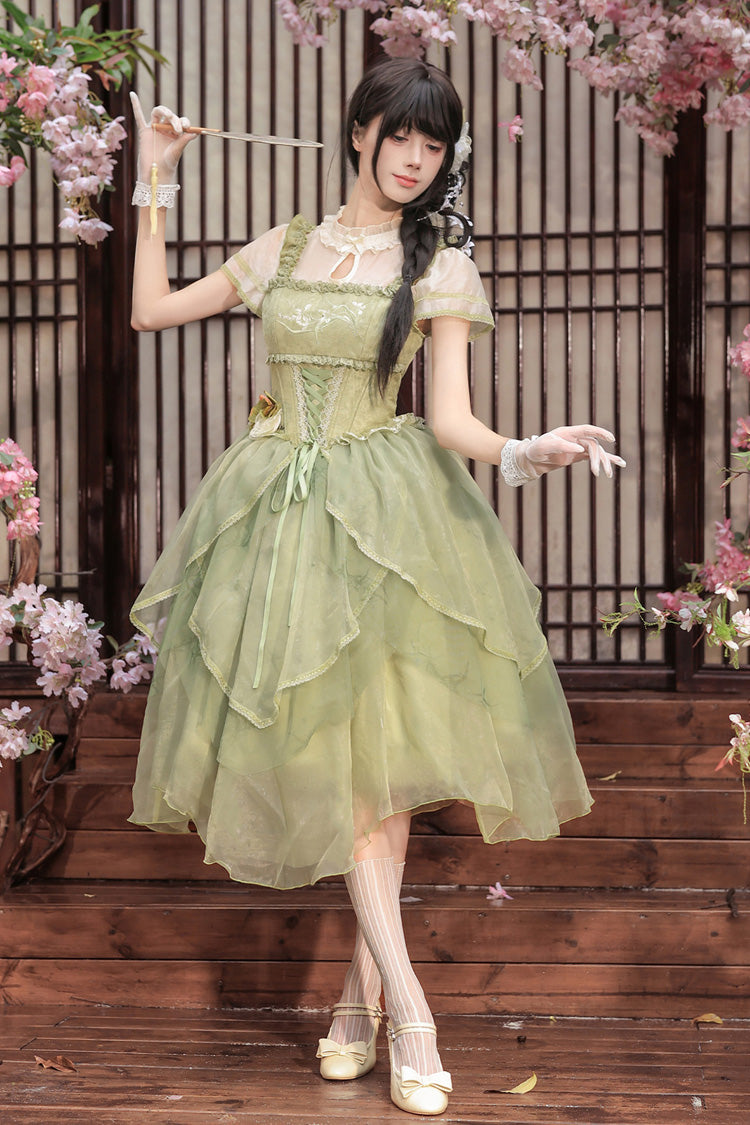 [Fragrance] Stand Collar Short Sleeves Multi-Layered Printed Ruffled Bow Lace Irregular Chinese Style Sweet Lolita Dress 2 Colors (Green, Pink) - Product - 19