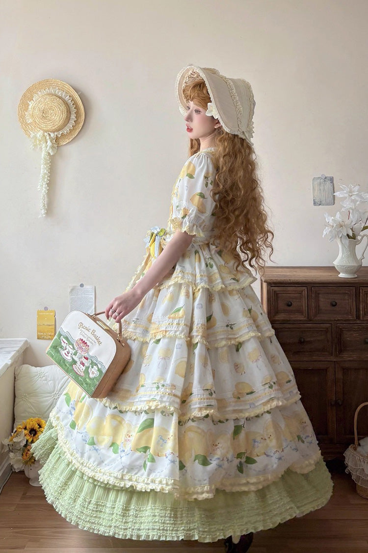 White [Lemon Chicken] Short Sleeves Triple-Layered Print Ruffle Bowknot Lace Sweet Gorgeous Lolita Dress - Product - 6