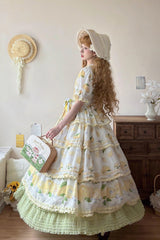 White [Lemon Chicken] Short Sleeves Triple-Layered Print Ruffle Bowknot Lace Sweet Gorgeous Lolita Dress - Product - 6