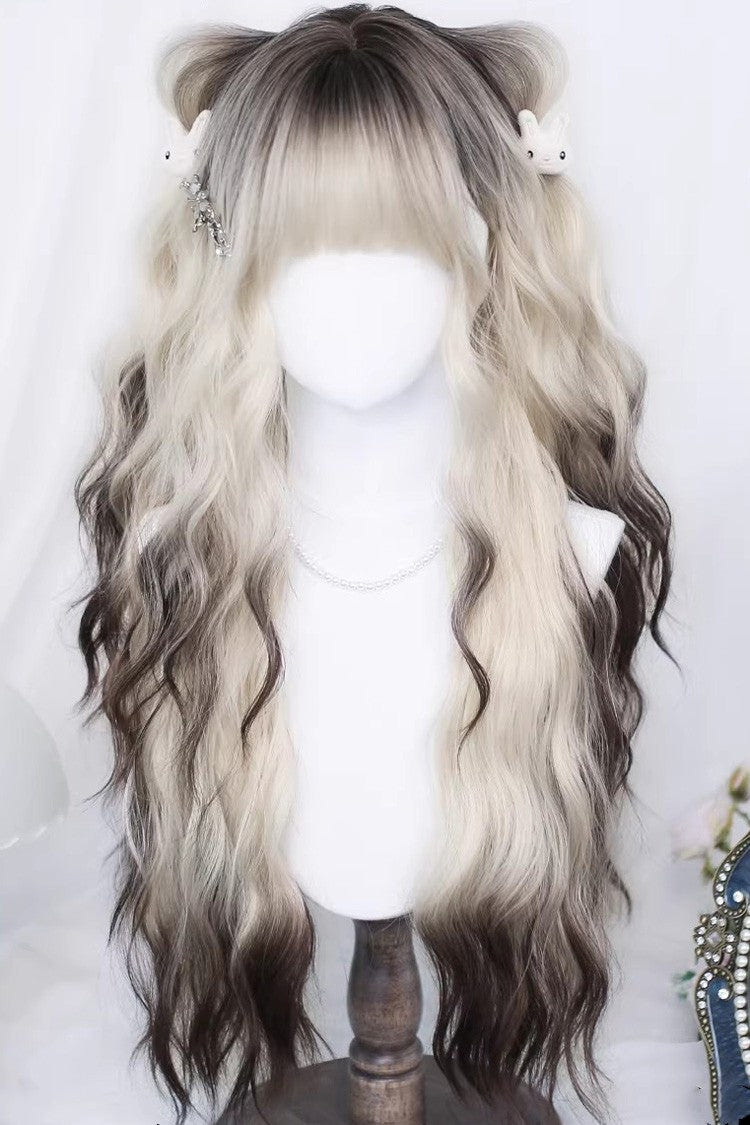 Blonde/Brown Siamese Ombre Wispy Air Bangs Curls Sweet Lolita Long Wig - Product - 2