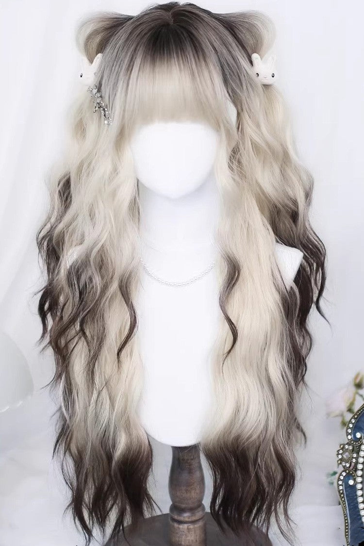 Blonde/Brown Siamese Ombre Wispy Air Bangs Curls Sweet Lolita Long Wig - Product - 2