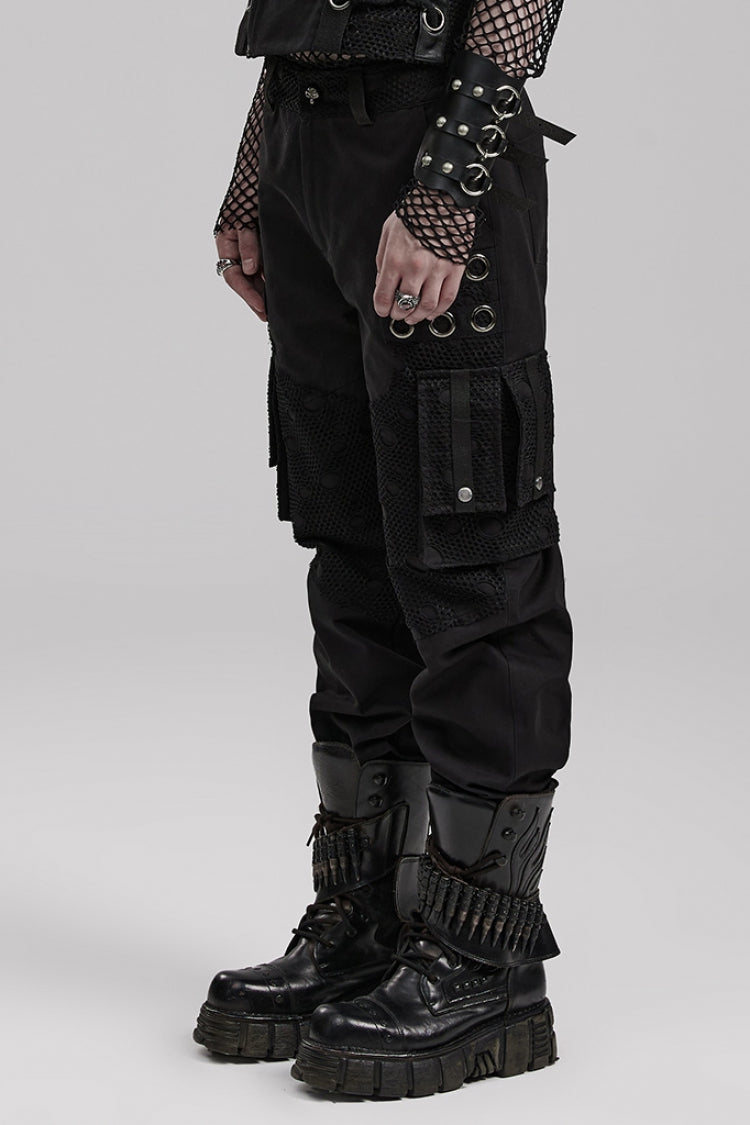 Black Stitching Mesh Metal Ring Decoration Men's Steampunk Pants - Product - 2