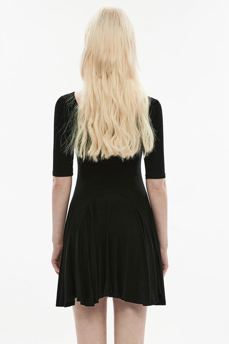 Black Round Collar Half Sleeves Skull Single-Breasted Women's Gothic Dress - Product - 3