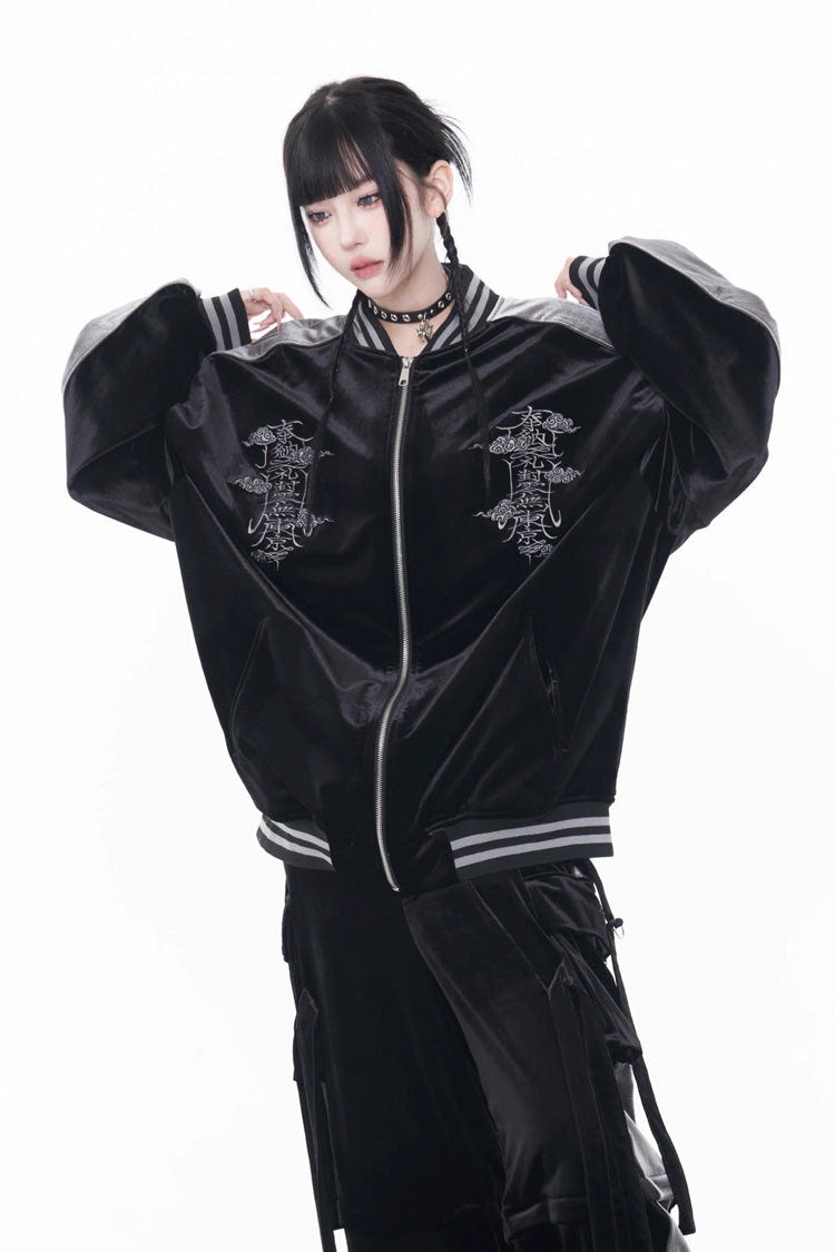 Black Long Sleeves Print Embroidery Gothic Jirai Kei Chinese Style Japanese Coat - Product - 3