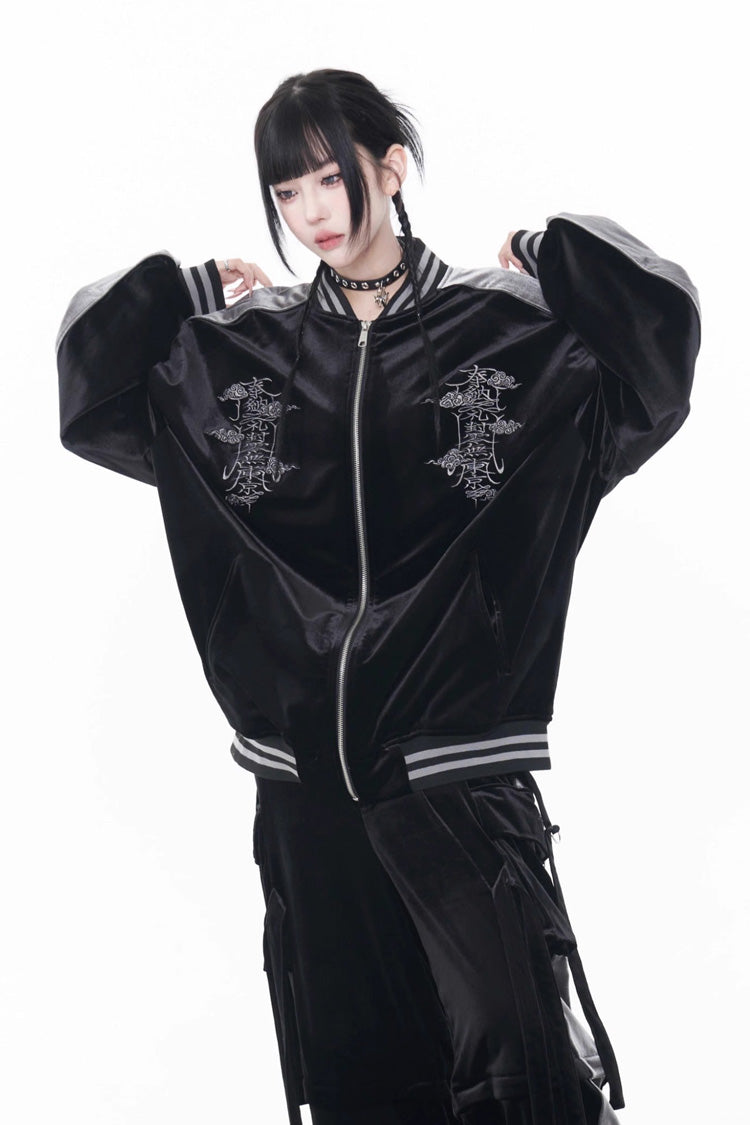 Black Long Sleeves Print Embroidery Gothic Jirai Kei Chinese Style Japanese Coat - Product - 3
