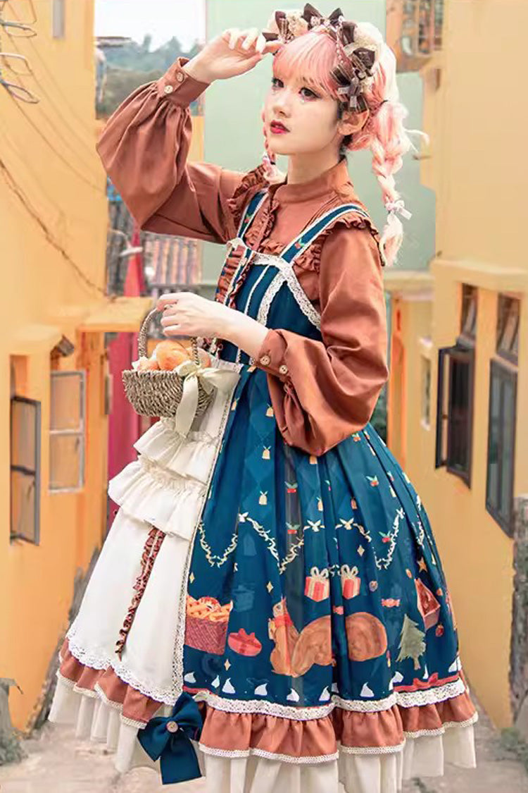 Multi-Color Christmas Far Away Print Ruffle Bowknot Sweet Princess Lolita Jsk Dress - Product - 4