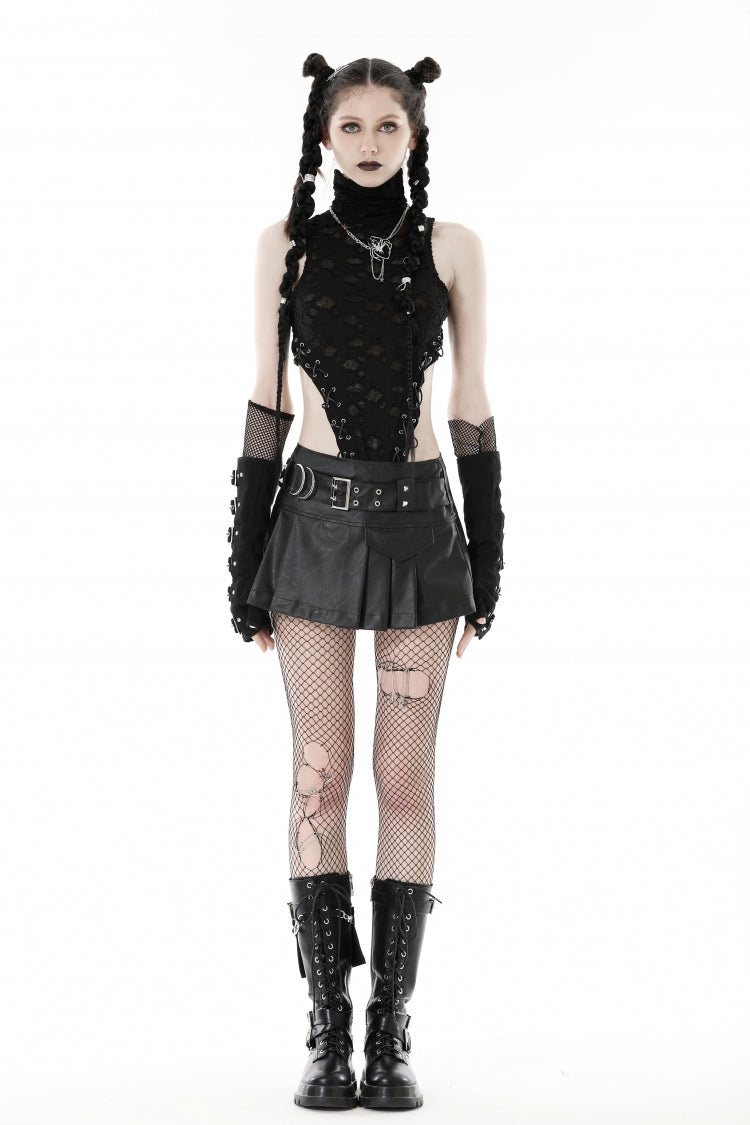 Black Faux Leather Metal Belt Buckled Pleated Women's Punk Mini Skirt - Product - 5