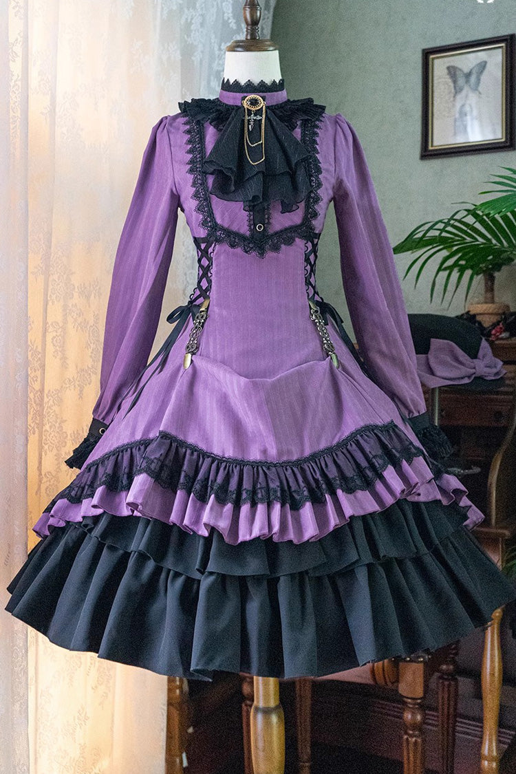 Point Manor Solid Color Stand Collar Long Sleeves Multi-layer Ruffle Gothic Lolita Dress 5 Colors - Light-Purple - 29