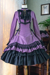 Point Manor Solid Color Stand Collar Long Sleeves Multi-layer Ruffle Gothic Lolita Dress 5 Colors - Light-Purple - 29