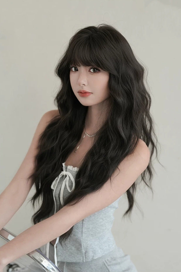 Korean Fluffy Long Water Wave Sweet Lolita Wig with Thin Air Bangs 3 Colors - Product - 8
