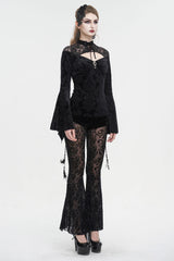Black Lace Cutout Round Collar Flared Sleeved Floral Embossed Women's Gothic Shirt - Product - 6