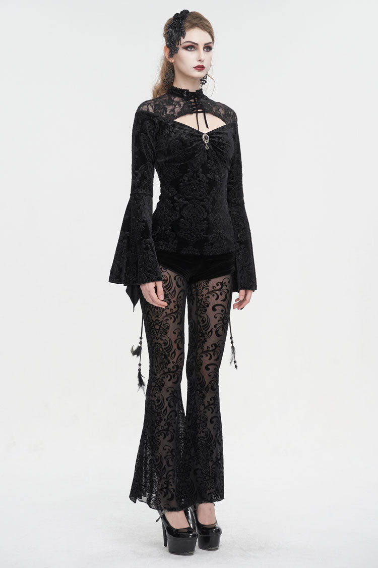 Black Lace Cutout Round Collar Flared Sleeved Floral Embossed Women's Gothic Shirt - Product - 6
