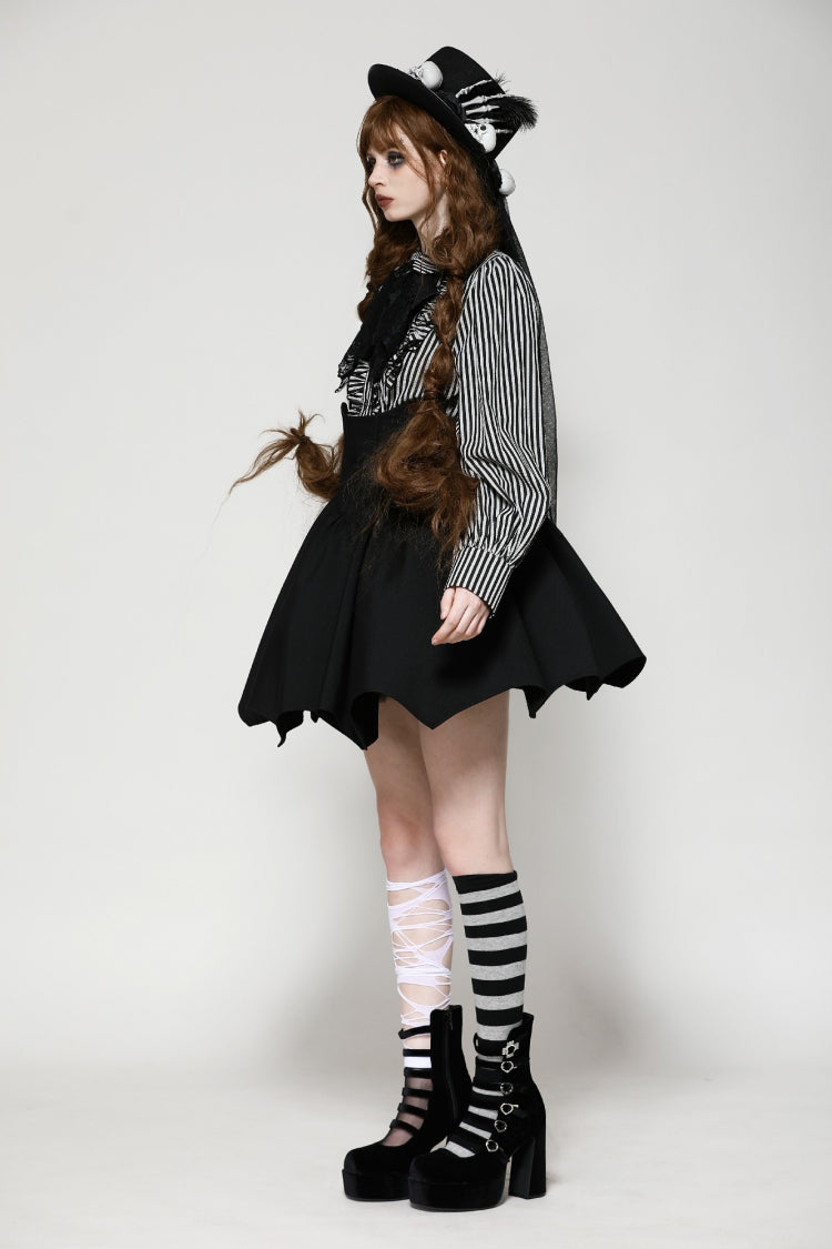 Black/White Skull Lace Jabot Striped Lapel Collar Long Sleeves Ruffled Women's Lolita Gothic Blouse - Product - 12