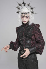 Black/Red Stand Collar Long Lantern Sleeves Floral Print Embroidery Men's Gothic Blouse - Product - 4