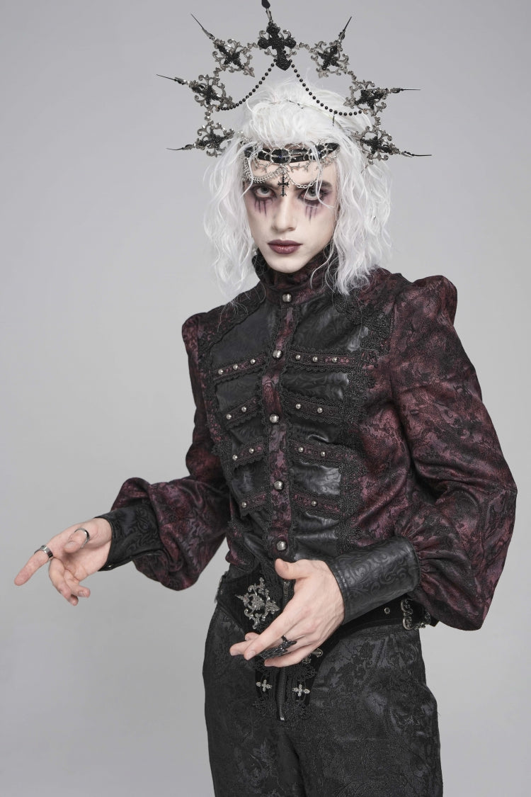 Black/Red Stand Collar Long Lantern Sleeves Floral Print Embroidery Men's Gothic Blouse - Product - 4