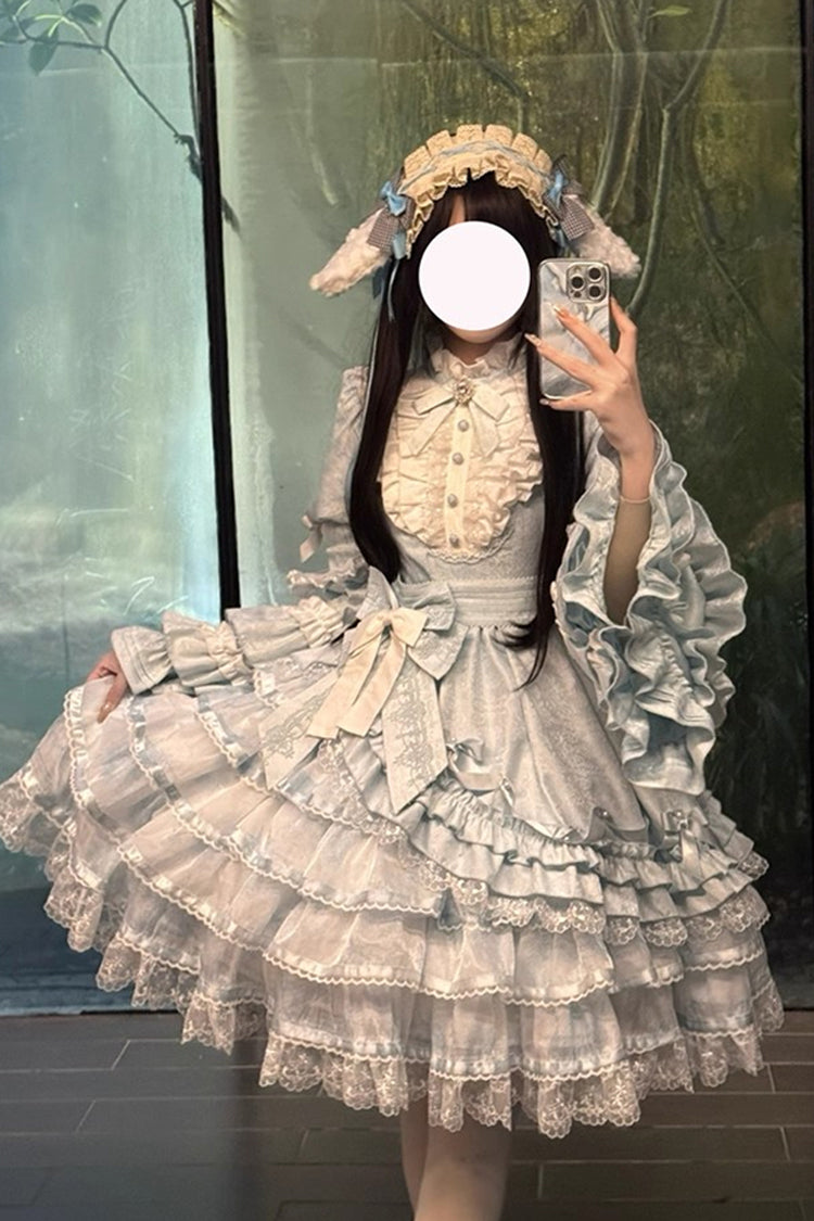 Blue [The Soloist Doll] Long Hime Sleeves Multi-Layered Print Ruffle Bowknot Asymmetric Sweet Lolita Dress - Product - 3