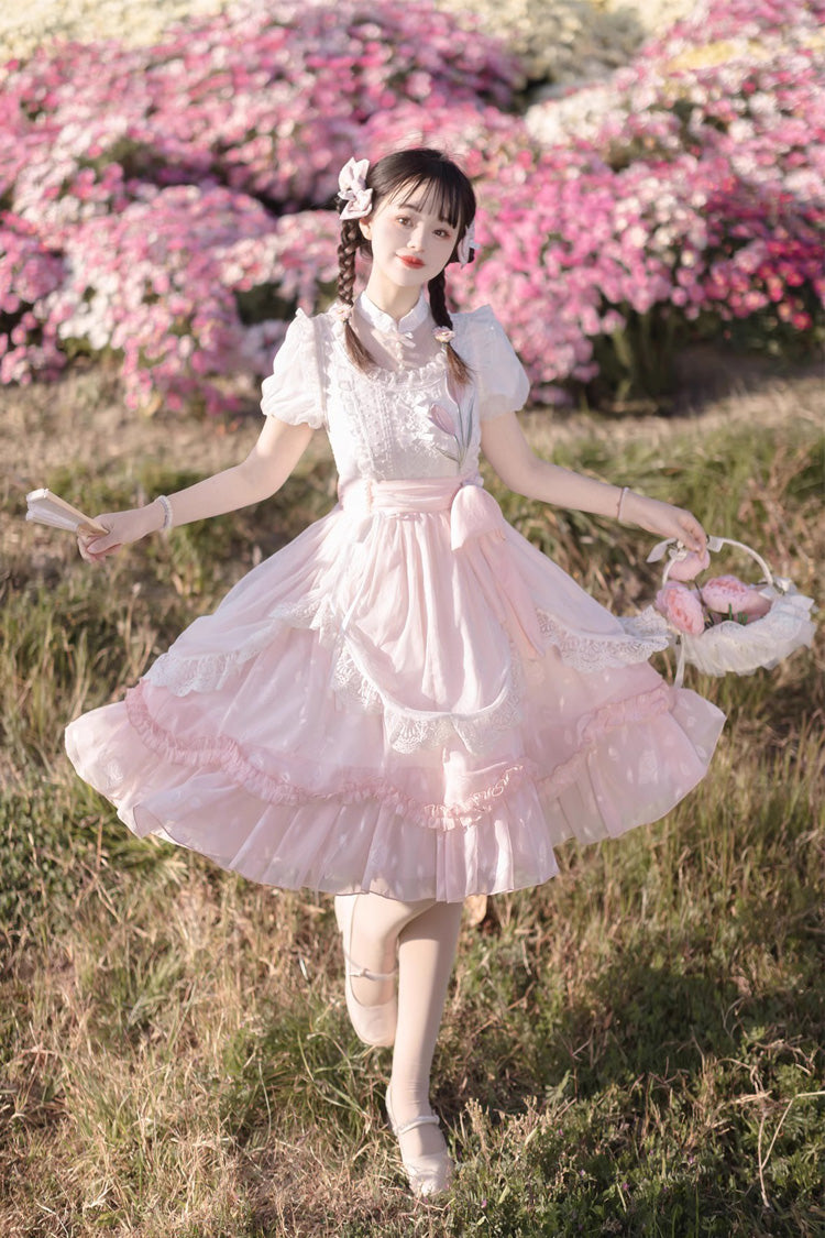 Pink Round Collar Short Sleeves Lace Ruffle Bowknot Sweet Princess Lolita Dress - Product - 8