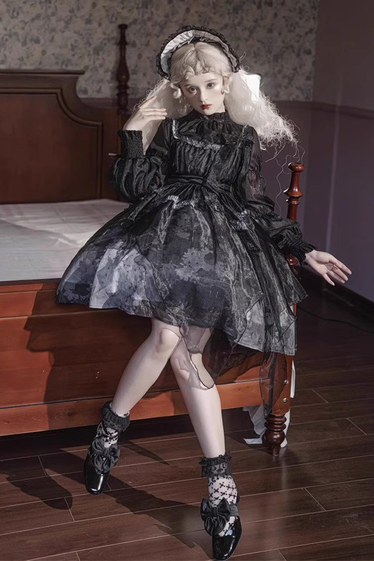 Black Stand Collar High Waisted Dead Leaves Print Tulle Gothic Princess Lolita Jsk Dress - Product - 2