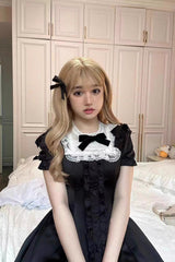 Black Annie's Gift Short Sleeves Bowknot Short Version Sweet Lolita Dress (Plus Size Support) - Product - 3
