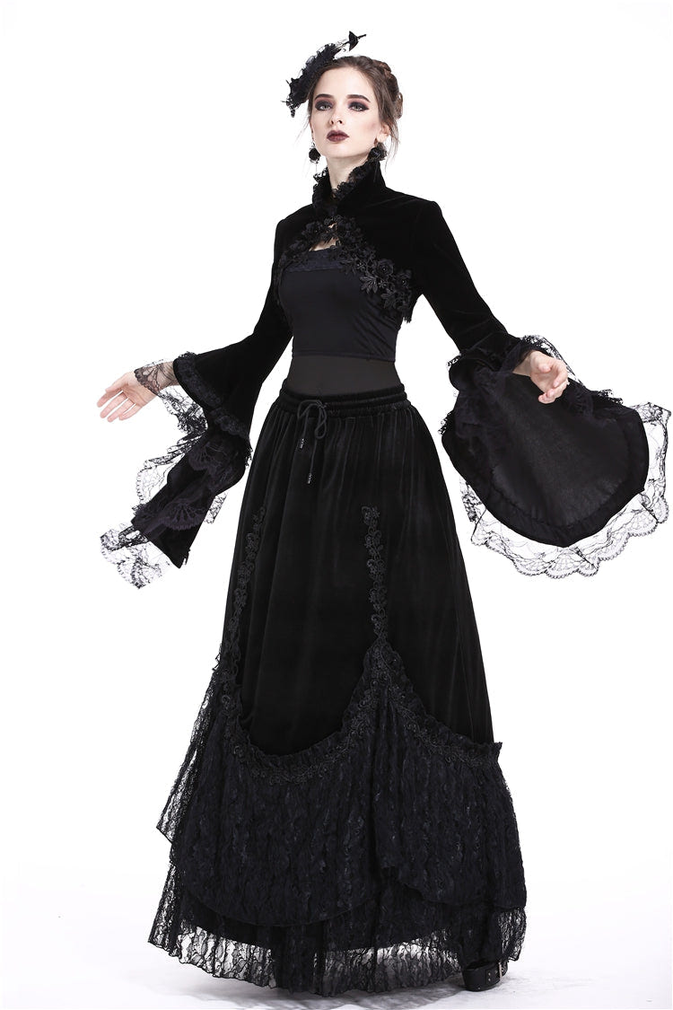 Black Lace Stand Collar Multi-Layered Long Trumpet Sleeves Rosette Velour Women's Gothic Bolero - Product - 8