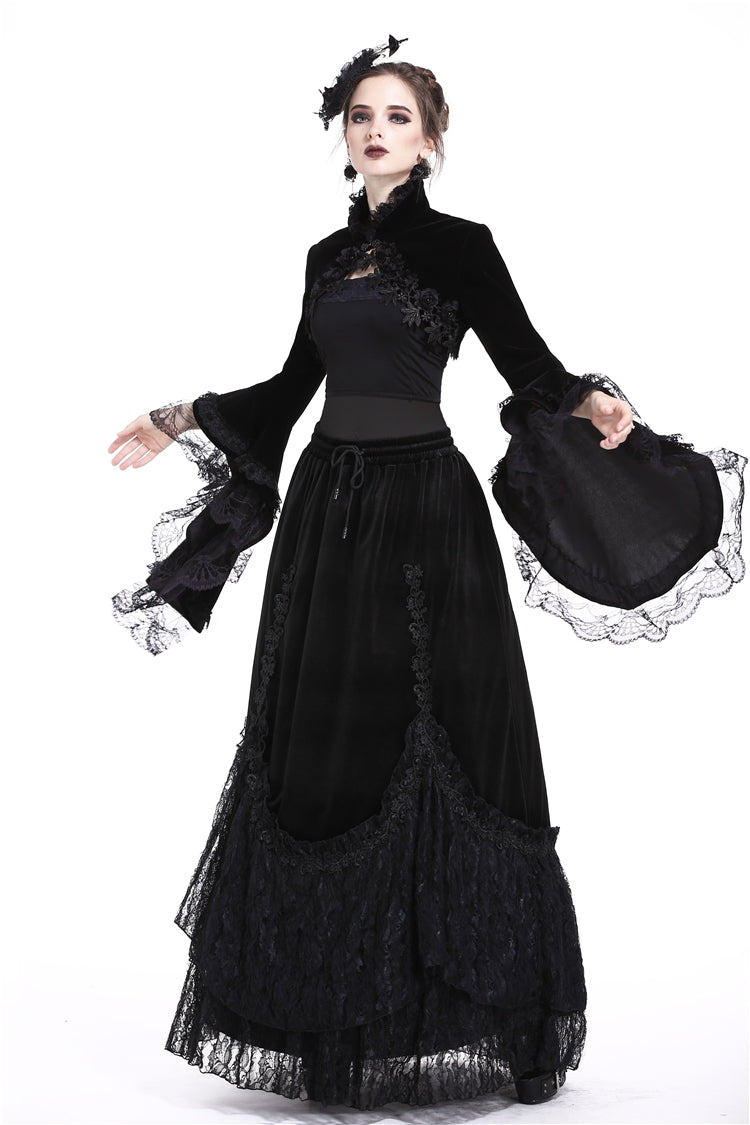 Black Lace Stand Collar Multi-Layered Long Trumpet Sleeves Rosette Velour Women's Gothic Bolero - Product - 8