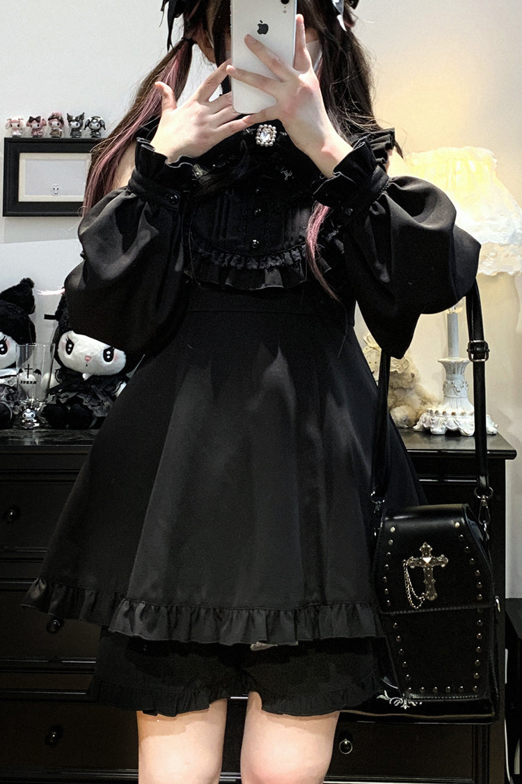 Black [Rose Princess] Off Shoulder Long Sleeves Ruffle Bowknot Gothic Jirai Kei Dress - Product - 6