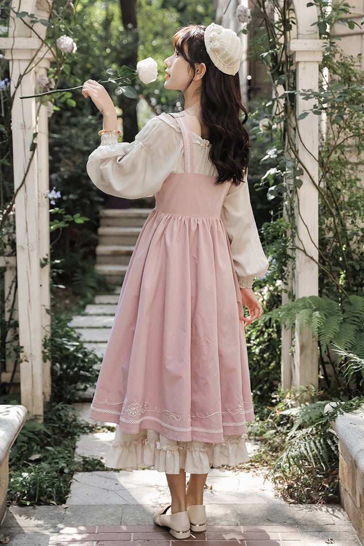 Pink/Apricot Square Collar Long Sleeves Ruffled Embroidered Lace-Up Sweet Lolita Two-Piece Dress Set - Product - 4