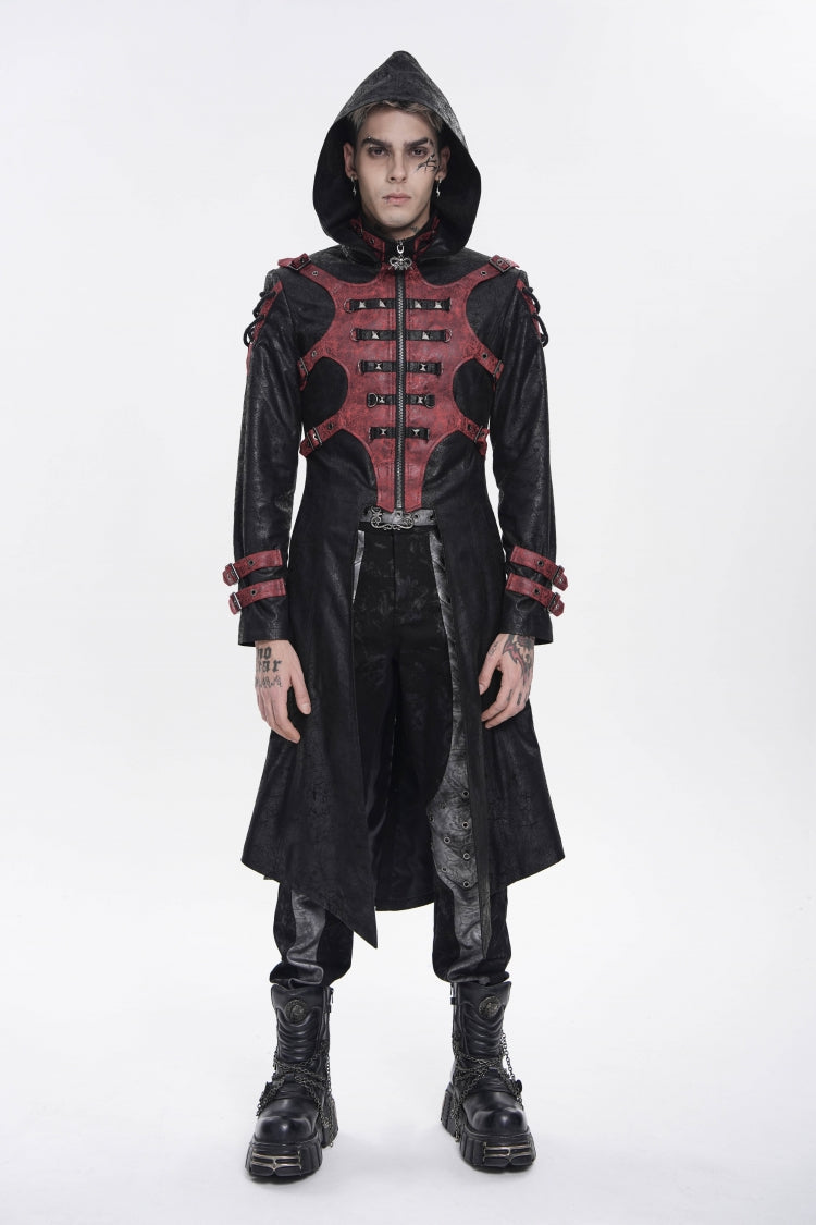Black Stand Collar Long Sleeves Printed Spliced Studded Buckled Zippered Eyelet Men's Punk Cool Hooded Jacket - Product - 2