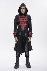 Black Stand Collar Long Sleeves Printed Spliced Studded Buckled Zippered Eyelet Men's Punk Cool Hooded Jacket - Product - 2