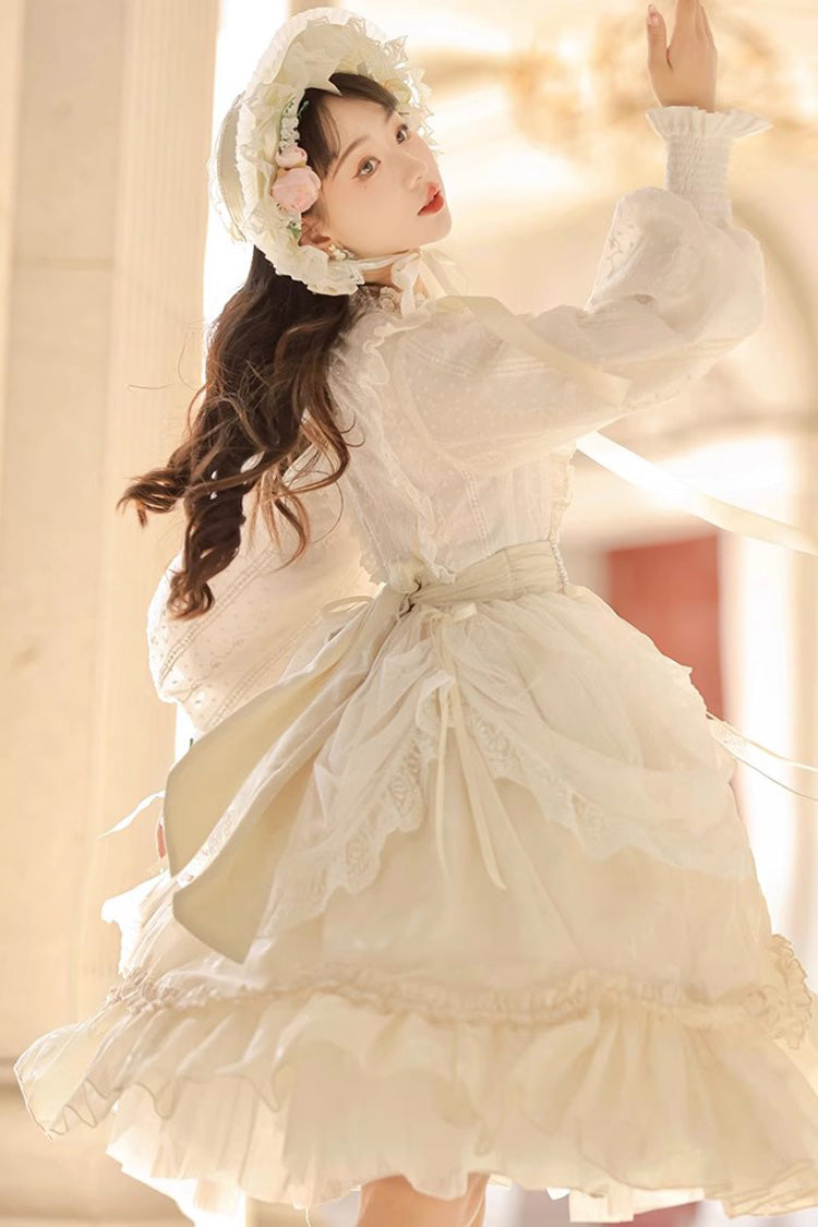 Ivory Stand Collar Long Sleeves Print Ruffle Sweet Princess Lolita Dress - Product - 5