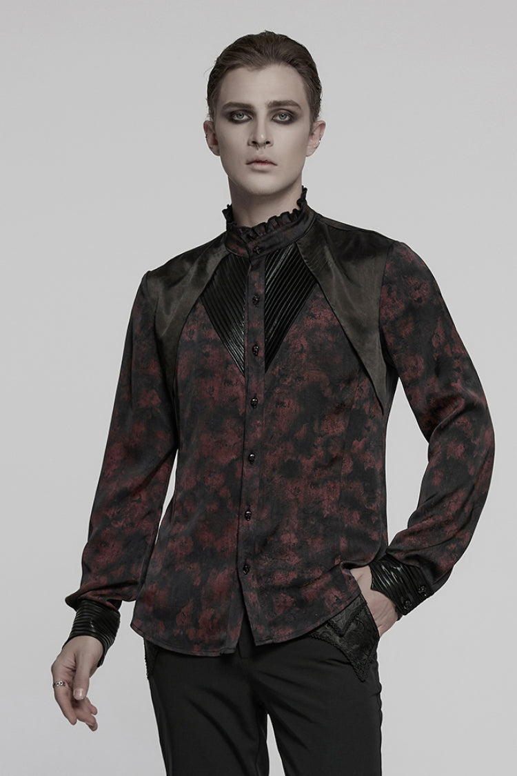 Black/Red Stand Collar Long Sleeves Ruffle Pleated Men's Gothic Blouse - Product - 2