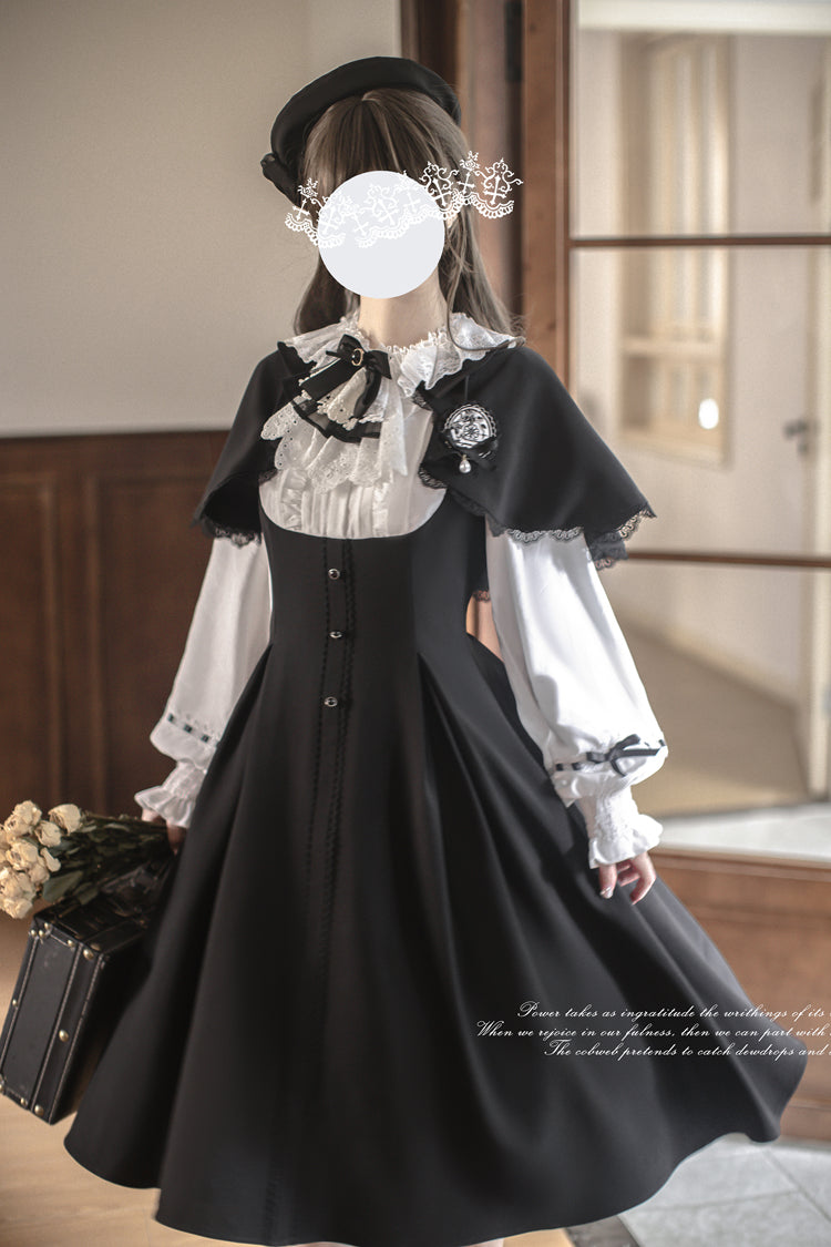 Black/White [Sunset Academy] Long Sleeves Ruffle Bowknot Fake Two Pieces Vintage College Style Elegant Lolita Dress - Product - 5
