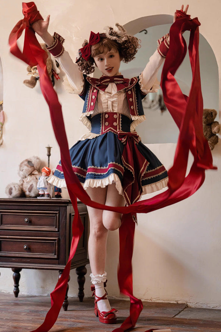 Red/White/Blue Star Idol Round Collar Ruffle Bowknot Sweet Princess Lolita Skirt Full Set - Product - 7