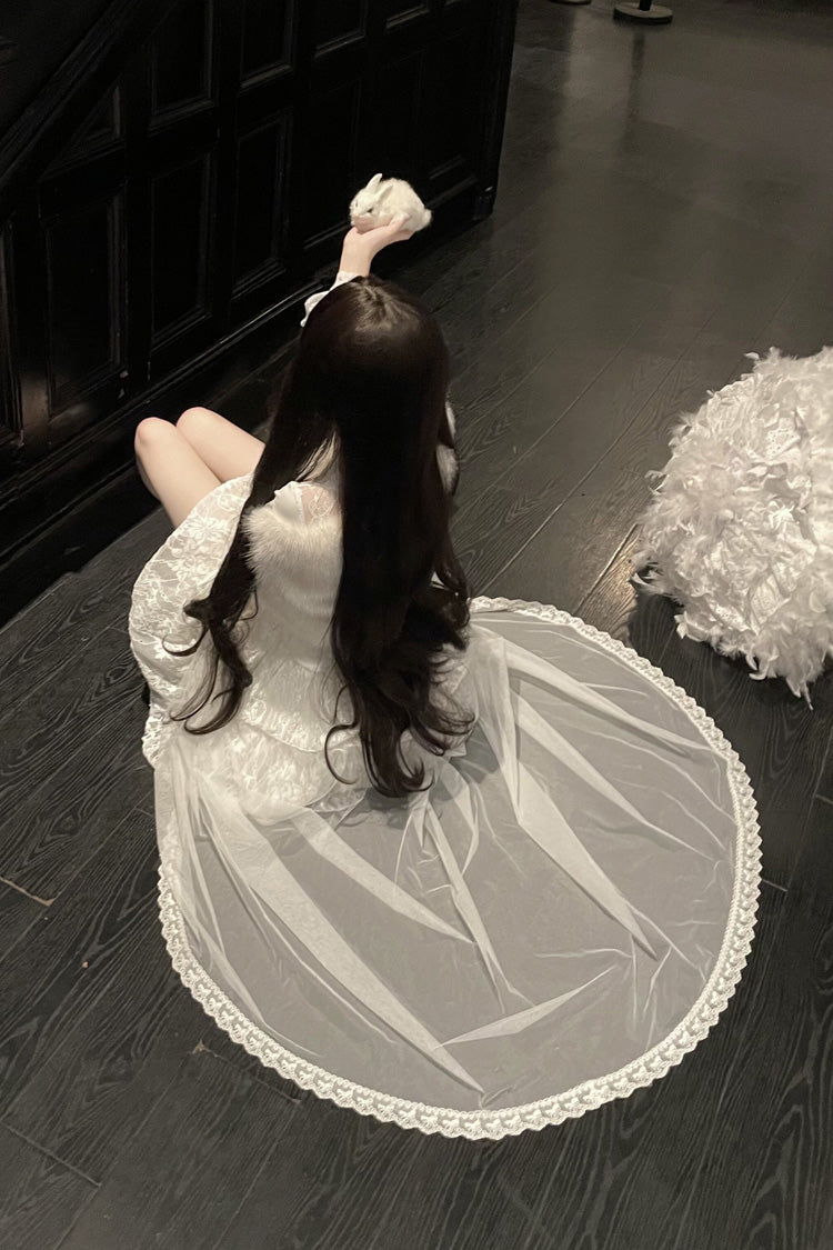 White [First Snow] Long Sleeves Lace Irregular Sweet Lolita Skirt Three-piece Set - Product - 10