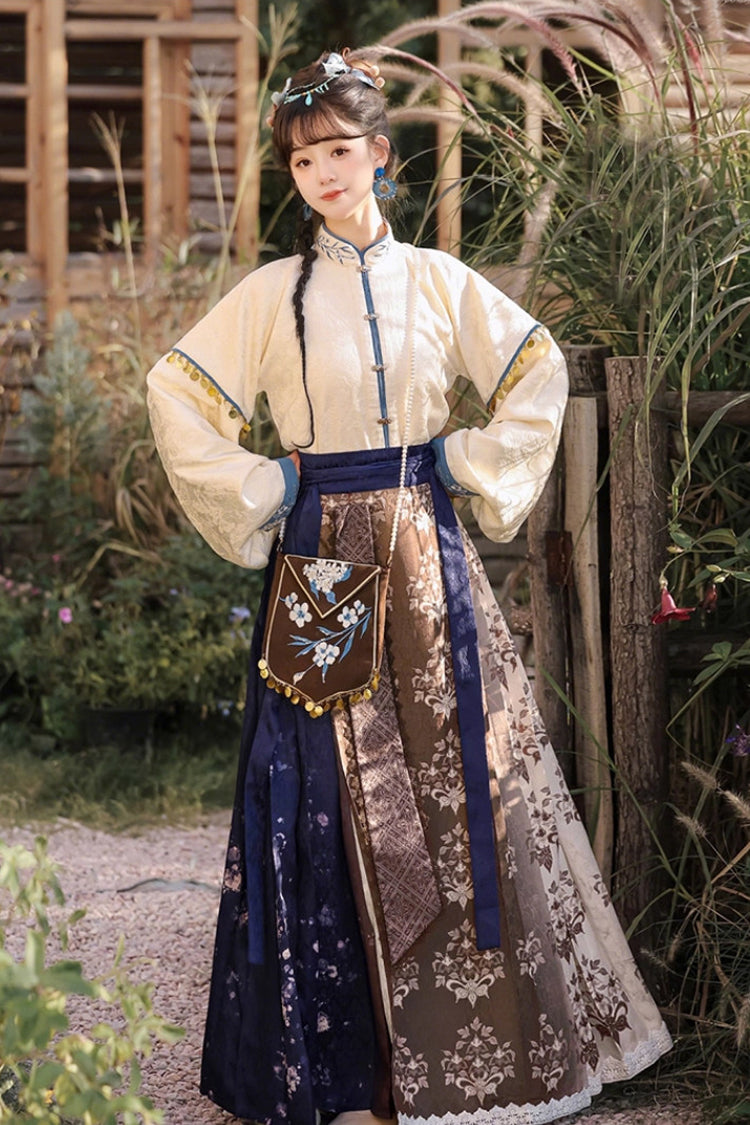 Multi-Color [Wind Of The Snowfield] Stand Collar Long Sleeves Printed Embroidered Women's Daily Sweet Hanfu Dress Set - Product - 6