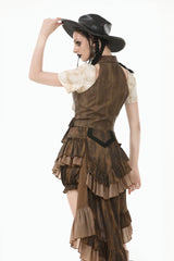 Brown Point Lapel Collar Sleeveless Women's Steampunk Utility Vest with Cargo Pockets - Product - 12