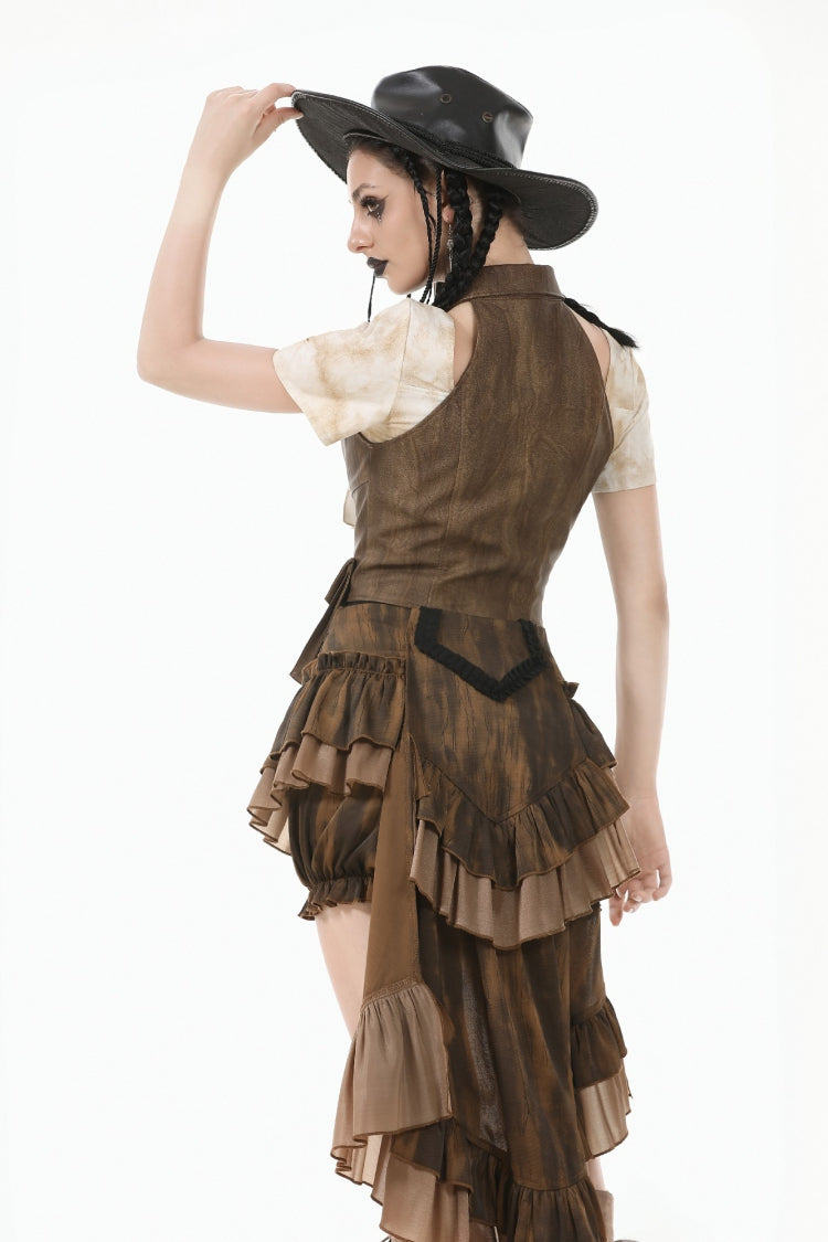 Brown Point Lapel Collar Sleeveless Women's Steampunk Utility Vest with Cargo Pockets - Product - 12