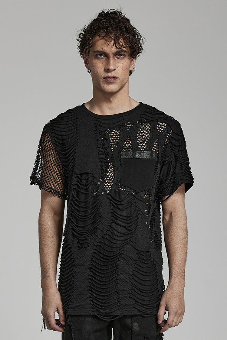 Black Short Sleeves Stitching Mesh Ripped Men's Punk T-Shirt - Black - 1