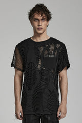 Black Short Sleeves Stitching Mesh Ripped Men's Punk T-Shirt - Black - 1