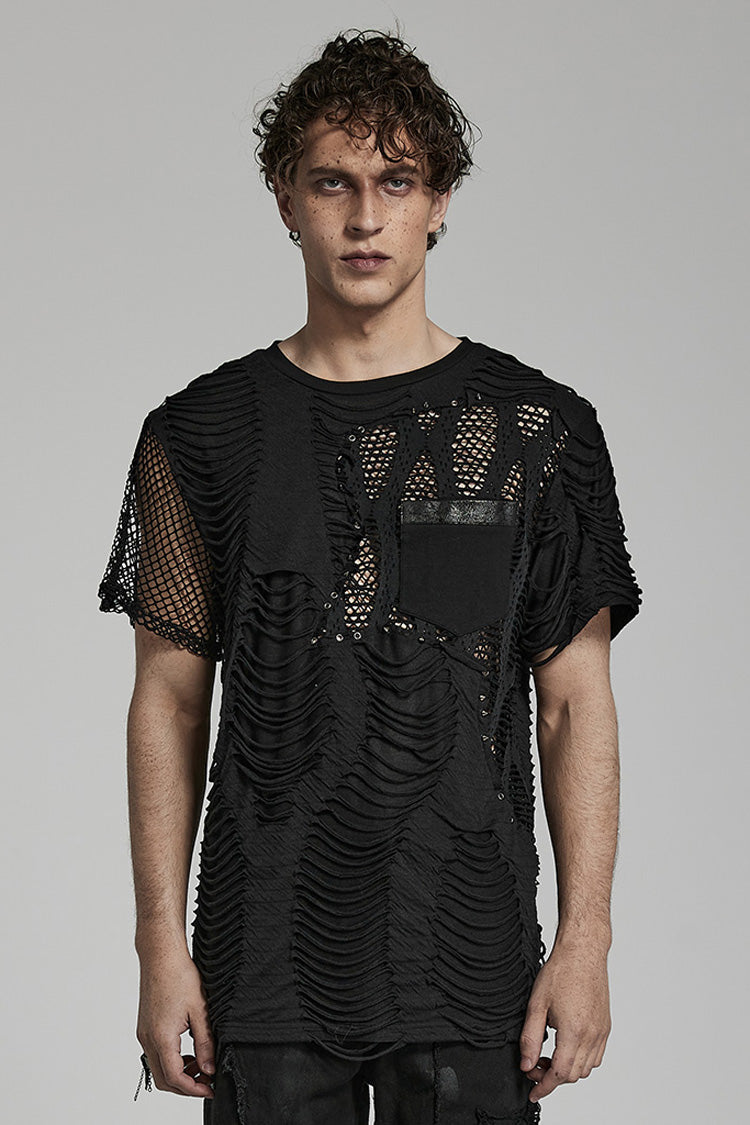Black Short Sleeves Stitching Mesh Ripped Men's Punk T-Shirt - Black - 1