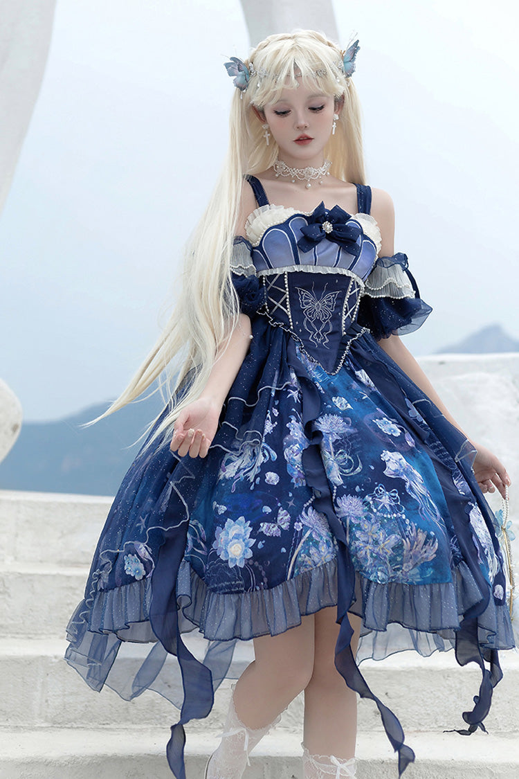 Blue [Deep Sea Jellyfish] Print Ruffle Lace Sweet Elegant Lolita Jsk Dress - Product - 9