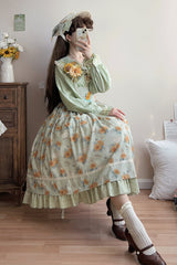 Green [Gardening Sunflower] Sleeveless Print Ruffle Bowknot Sweet Elegant Uplift Lolita Jsk Dress - Product - 4