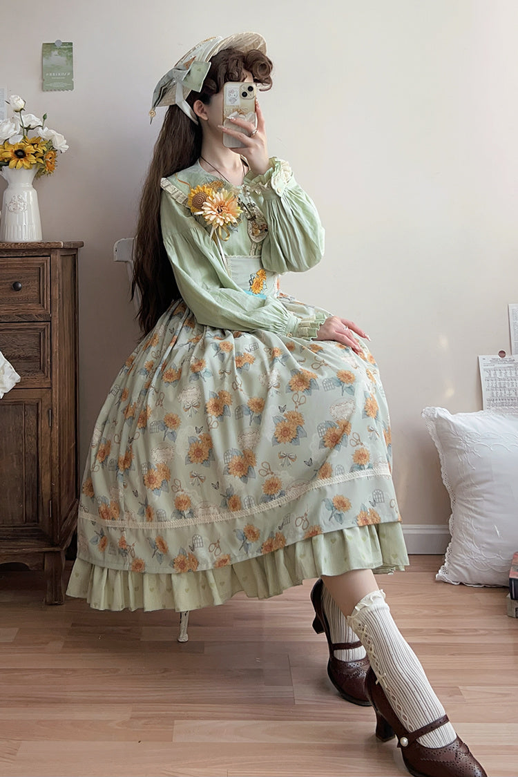 Green [Gardening Sunflower] Sleeveless Print Ruffle Bowknot Sweet Elegant Uplift Lolita Jsk Dress - Product - 4