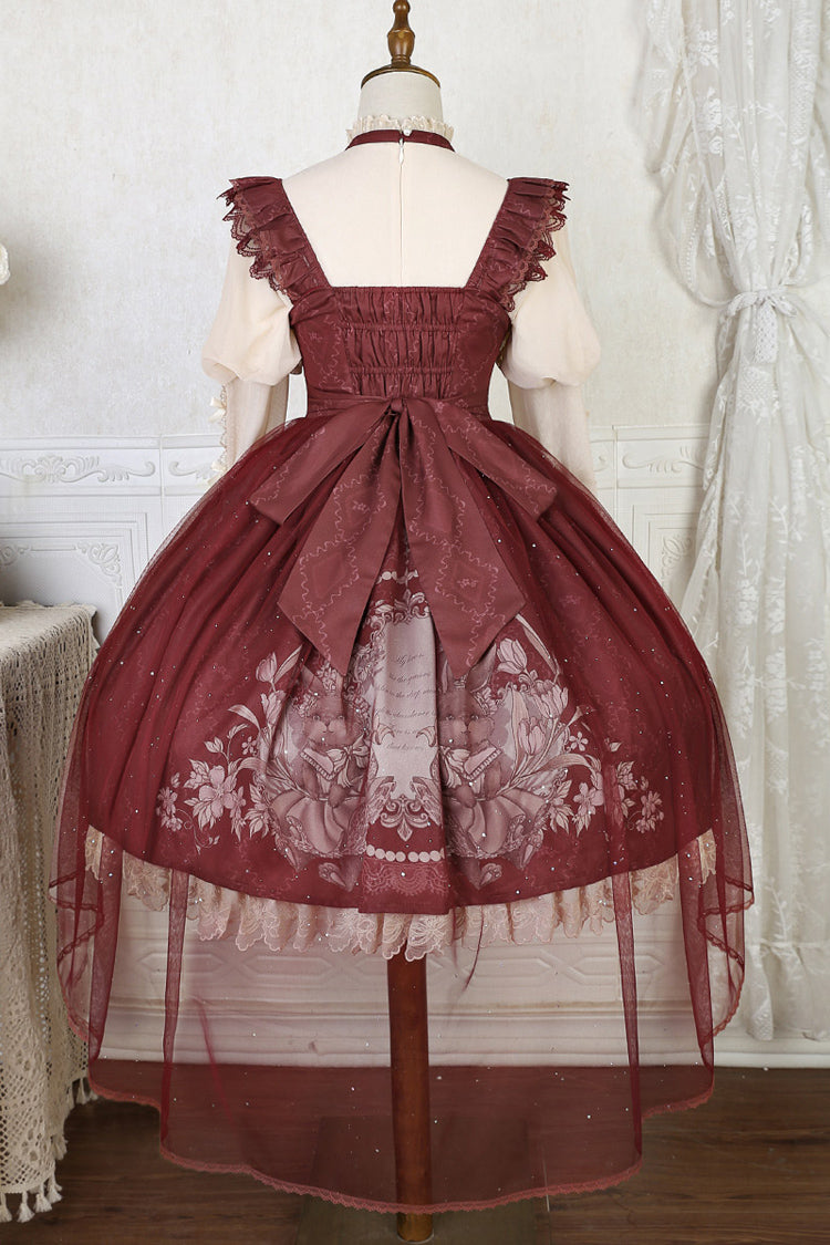 Red Bunny Tea Party Print Ruffle Bowknot Sweet Lolita Jsk Dress - Product - 13