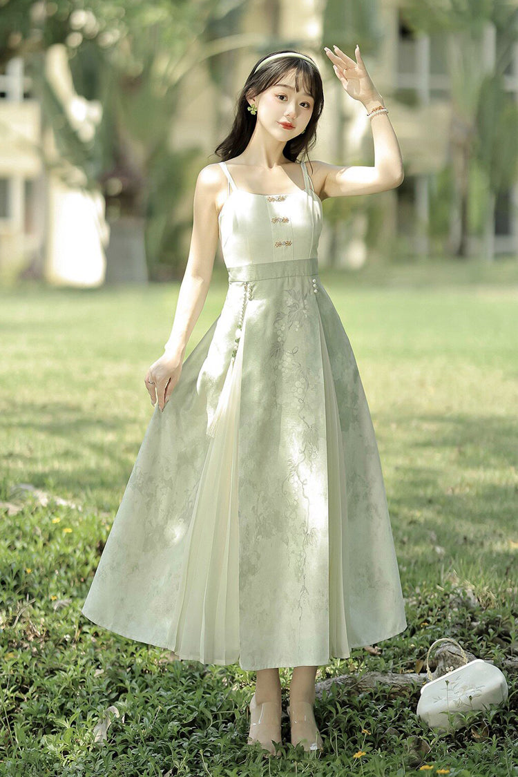 Green/Apricot [Green Grapes] High Waisted Printed Women's Daily Sweet Hanfu Dress Set - Product - 7